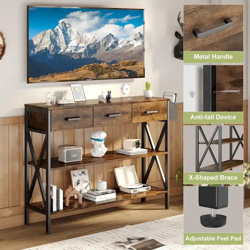 Console Table with 3 Drawers, Entryway Sofa Table with 3 Tier Storage Shelves
