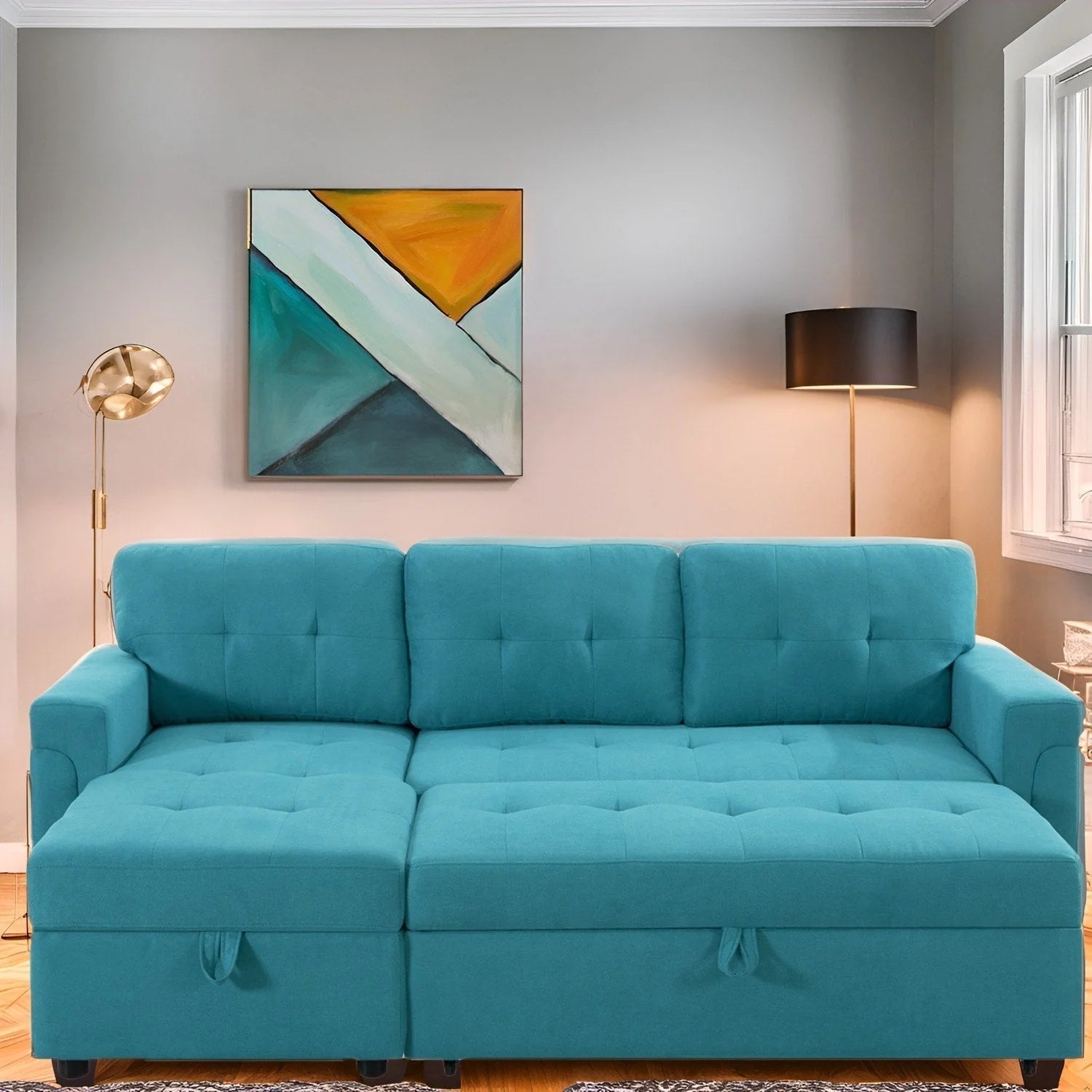 Convertible Reversible Sectional Sofa with Pull-Out Sleeper Bed, Hidden Storage Chaise, and Durable Legs
