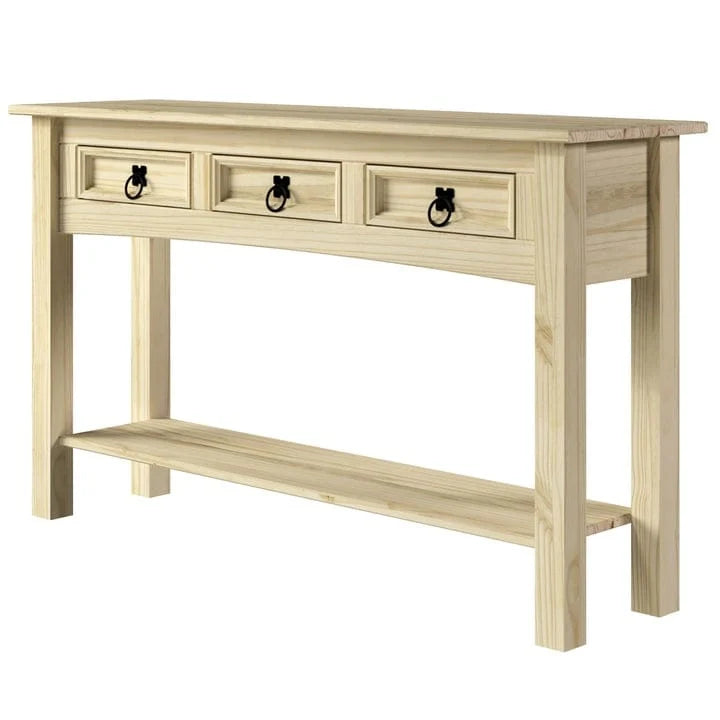 Rustic Solid Pine Console Hall Table, White Wash / Antique Brown / Gray Wash / Unpainted, 3 Drawers