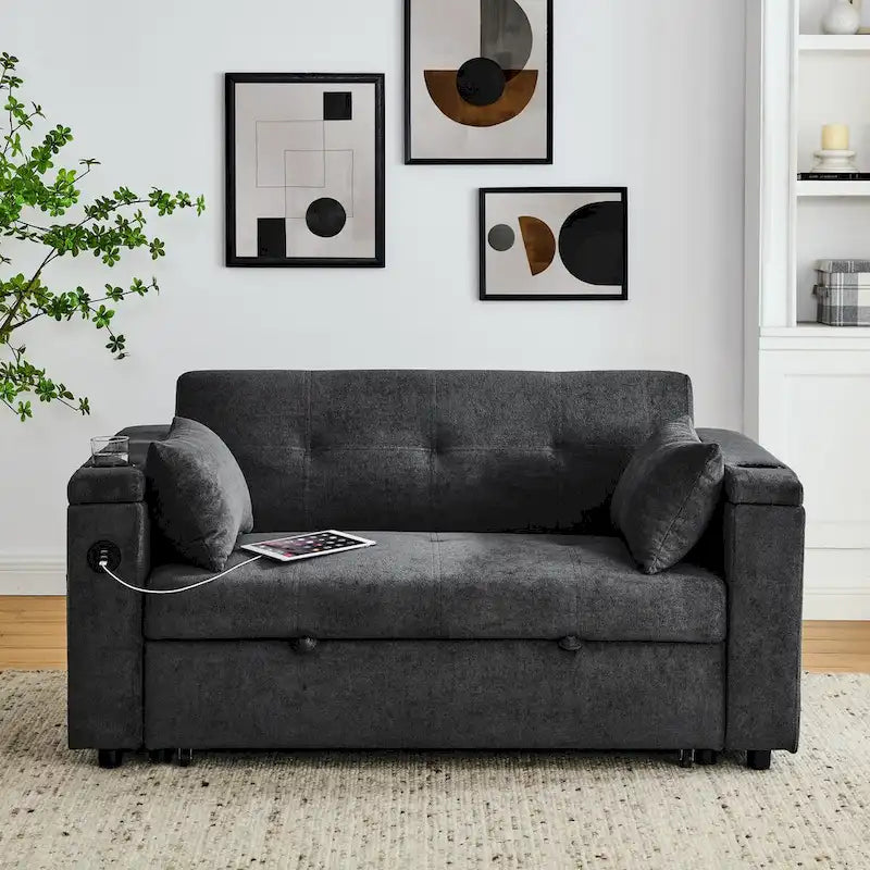 54 Pull-Out Sleeper Sofa Bed, 2 Seat Recliner Sofa Bed with Storage, Lumbar Pillow, USB Power Outlet
