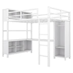 Off-White Metal Loft Bed with Desk and Wardrobe - Full Size
