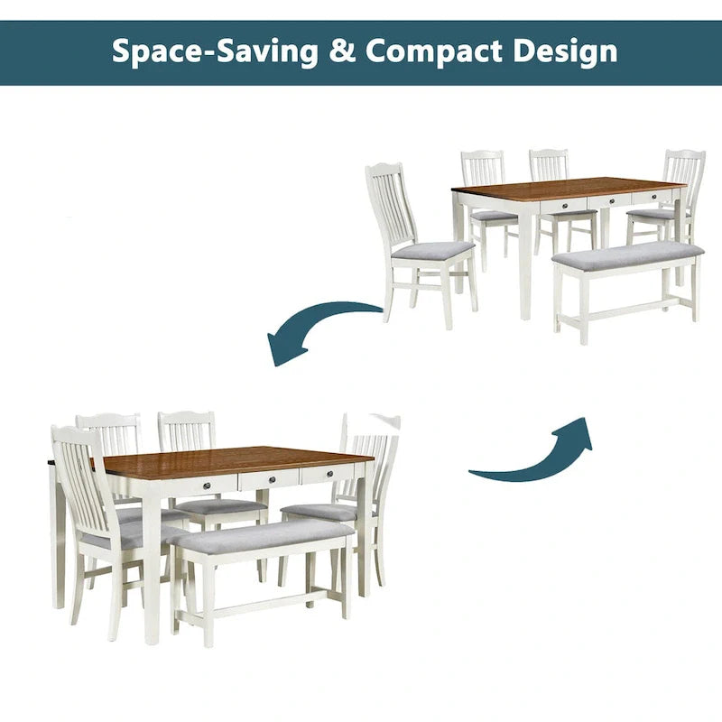 6-Piece Wooden Dining Table Set with 4 Chairs & Bench, Table with Drawer