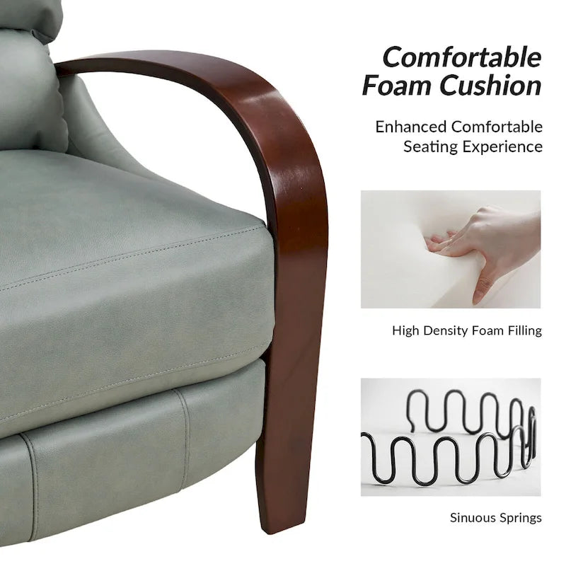 Alex Mid-century Modern Cigar Genuine Leather Manual Recliner with Wooden Curved Arms