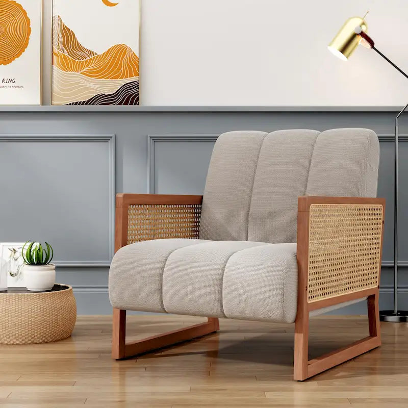 Rattan Accent Chairs, Upholstered Natural Rattan Chair Mid Century Modern Linen Armchair Side Chairs for Living Room Bedroom