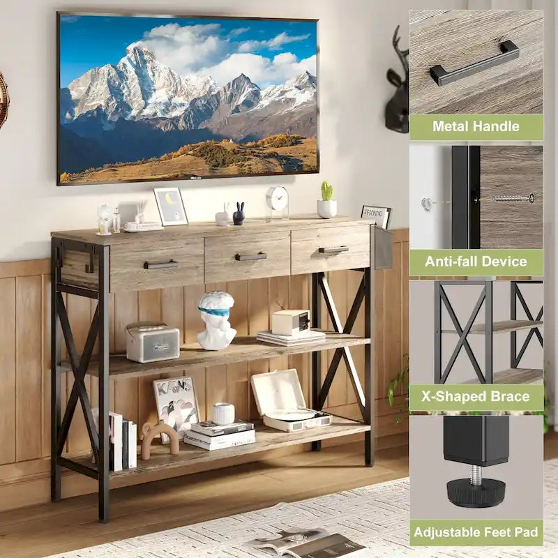 Console Table with 3 Drawers, Entryway Sofa Table with 3 Tier Storage Shelves