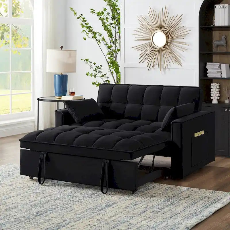 4 in1 Loveseat Sofa Bed with Armrests & Storage Pockets, Multi-Function Tufted Pull-out Sofa Bed with Adjustable Backrest