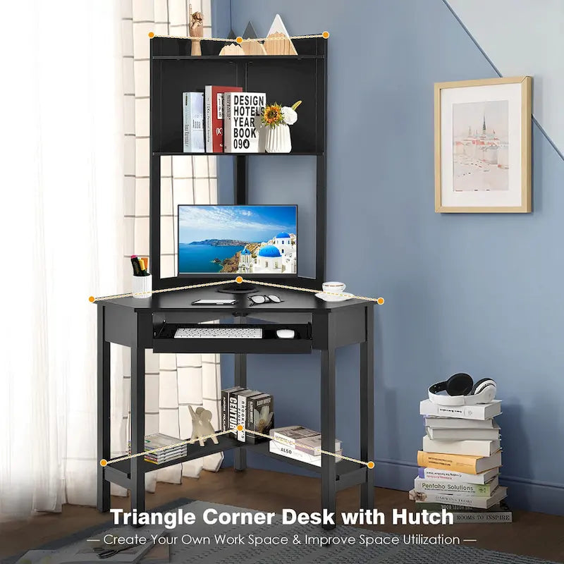 Triangle Corner Desk with Hutch - Bookshelves - Keyboard Tray - Black/White