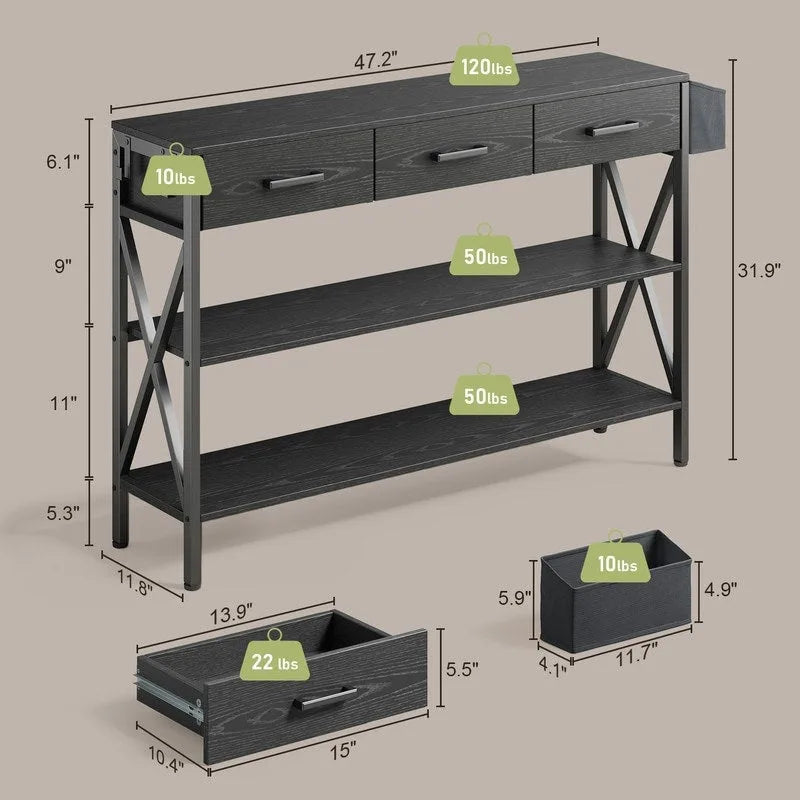 Console Table with 3 Drawers, Entryway Sofa Table with 3 Tier Storage Shelves