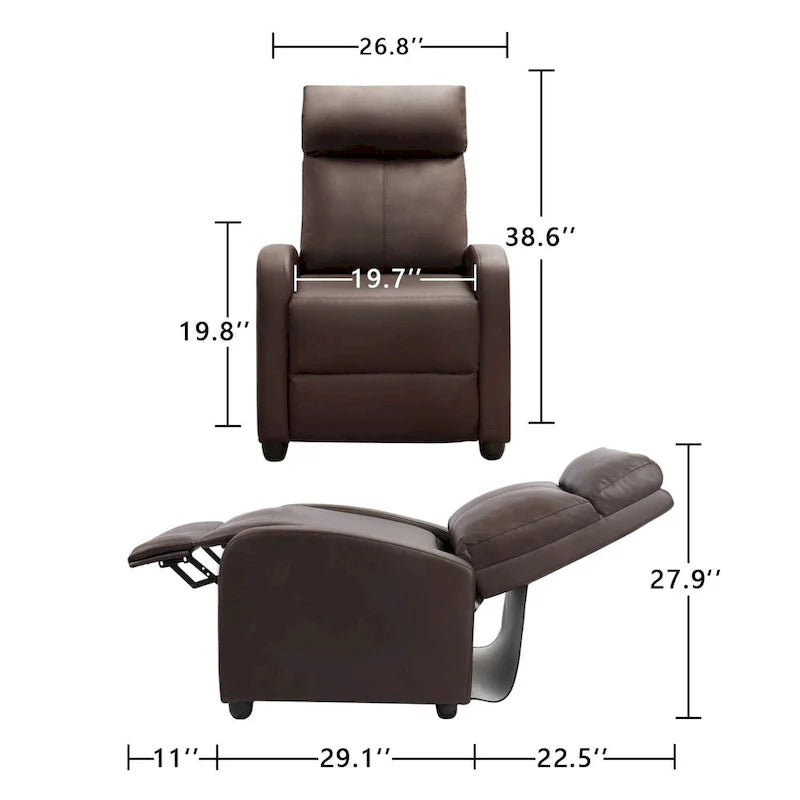 PU Leather Push-Back Recliner Chair, Brown / Black / Grey / Khaki / Red / Beige, Single