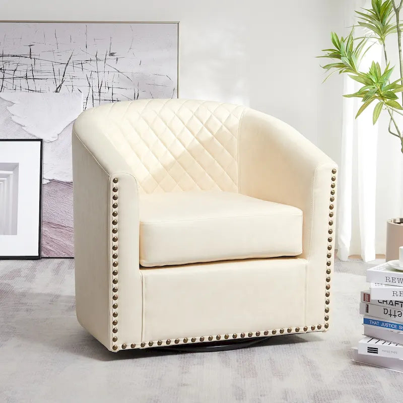 KINWELL 29 Wide Tufted PU Leather Swivel Barrel Chair