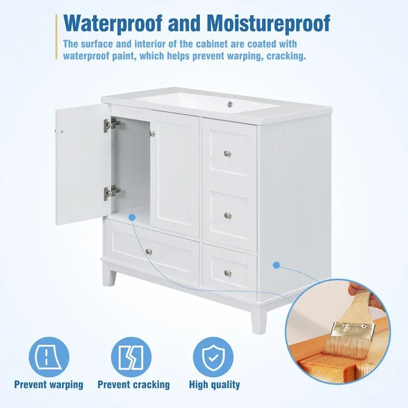 36 Inch Bathroom Vanity with USB Charging, Resin Sink, Solid Wood Frame, 3 Drawers Storage
