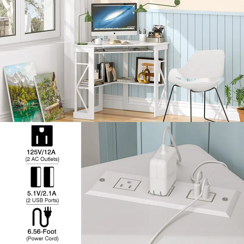 Corner Desk Small Desk with Outlets Corner Table for Small Space, Computer Desk with USB Ports Triangle Desk with Storage